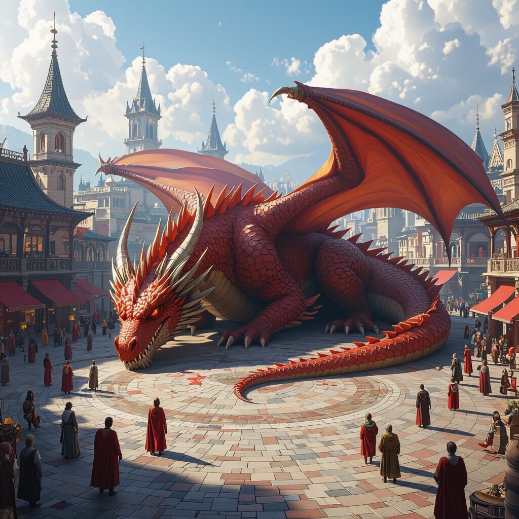 Dragon Dragged into City Square - Fantasy Concept Art