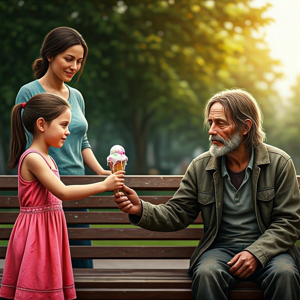 Kind Girl Shares Ice Cream, Digital Art