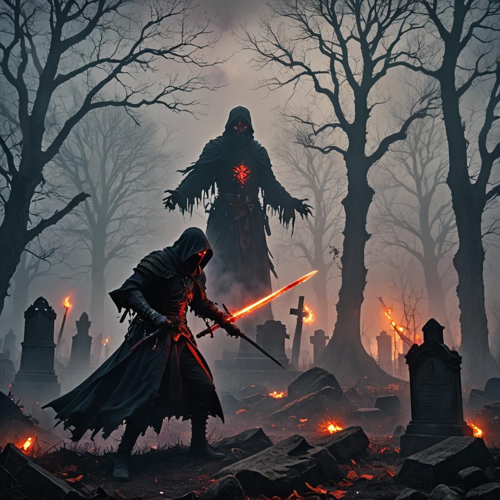 Epic Battle in Haunted Graveyard: Dark Fantasy Horror