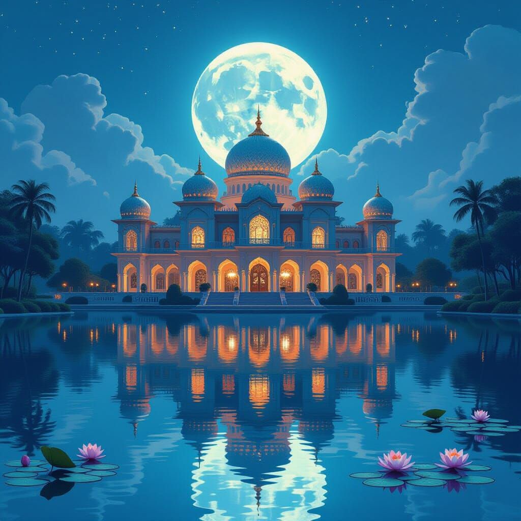 Majestic Palace with Luminous Domes under Moonlight