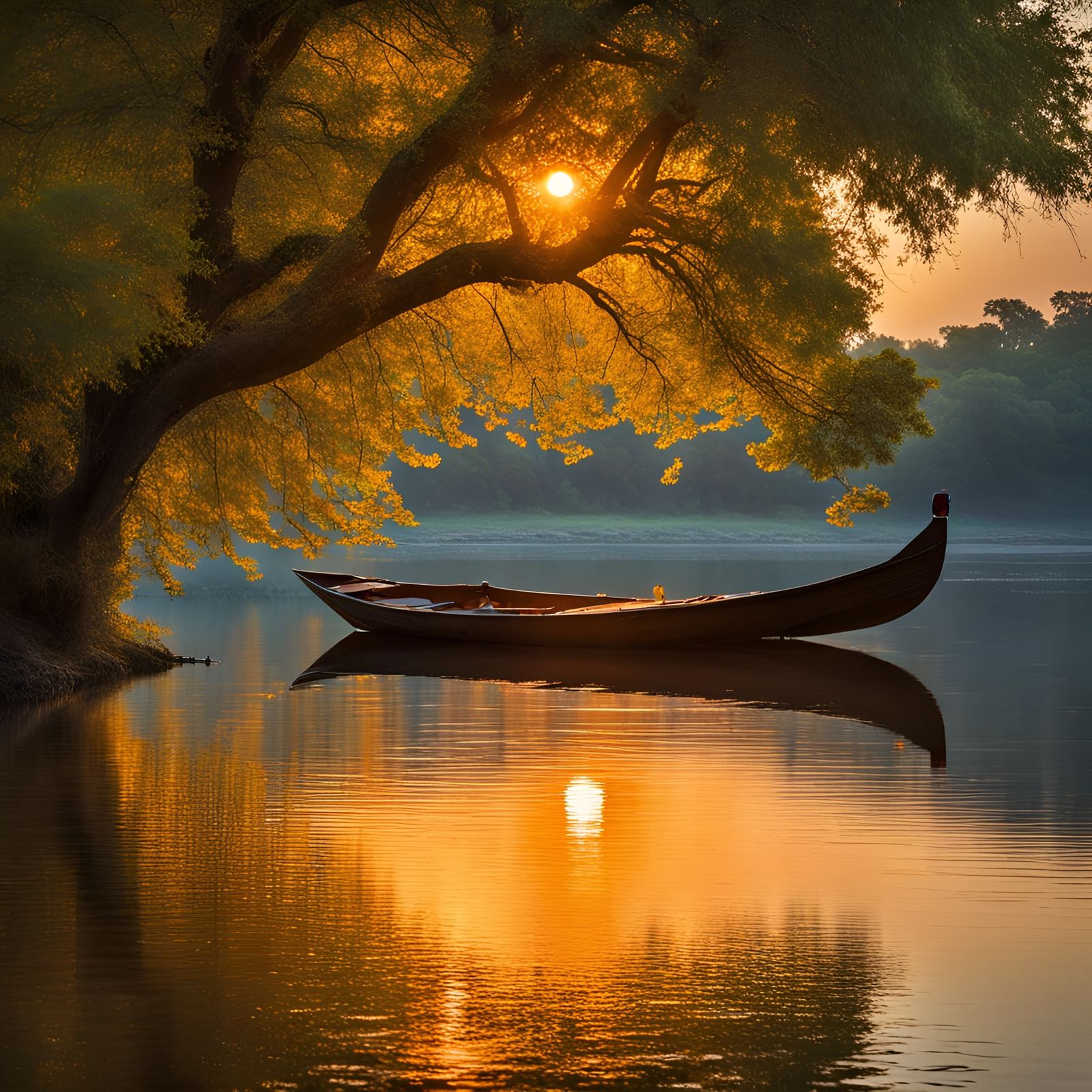 Tranquil Sunset Lake Scene in Anime Style