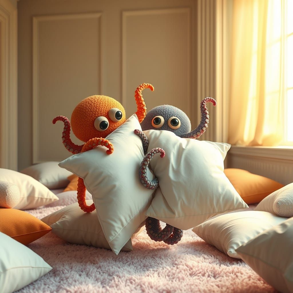 Octopi Pillow Fight in Zero Gravity, Pixar Style