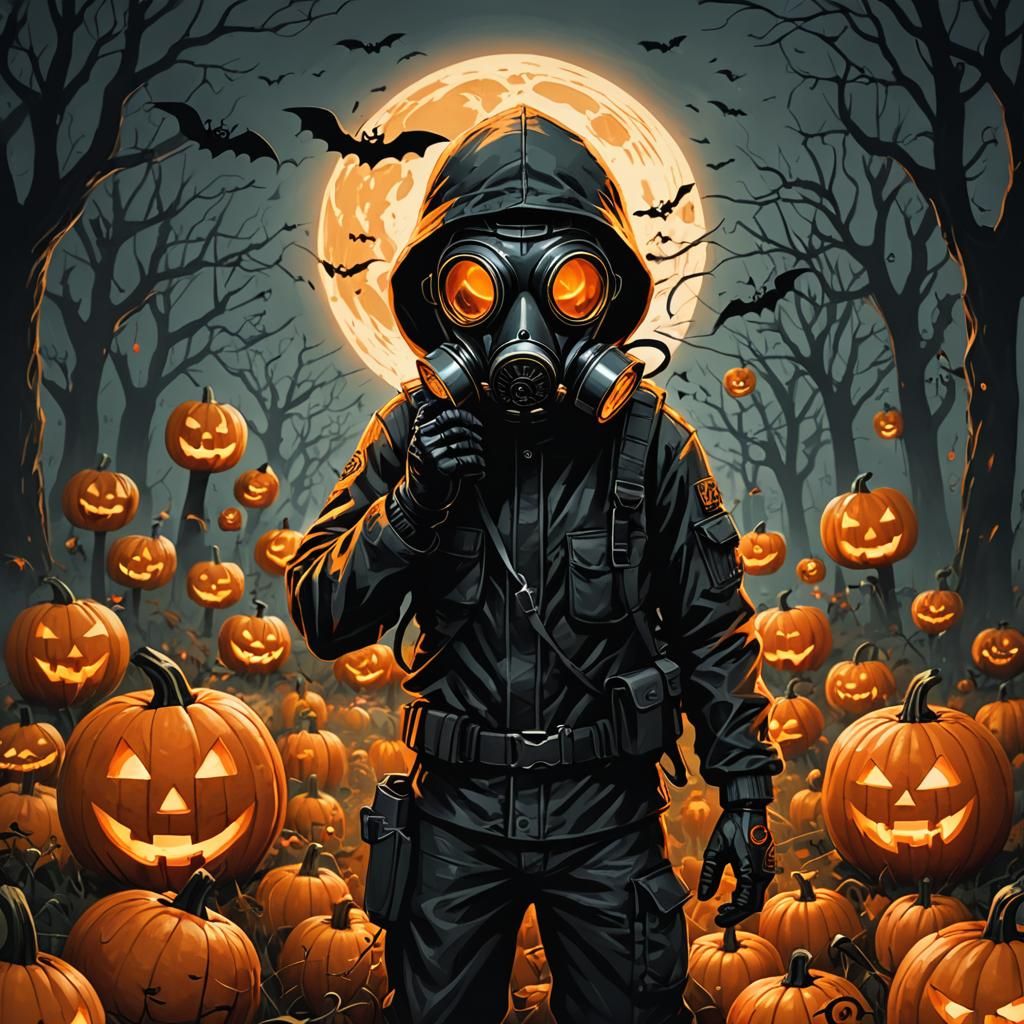 Halloween Boy with Jack-o'-Lantern and Gas Mask