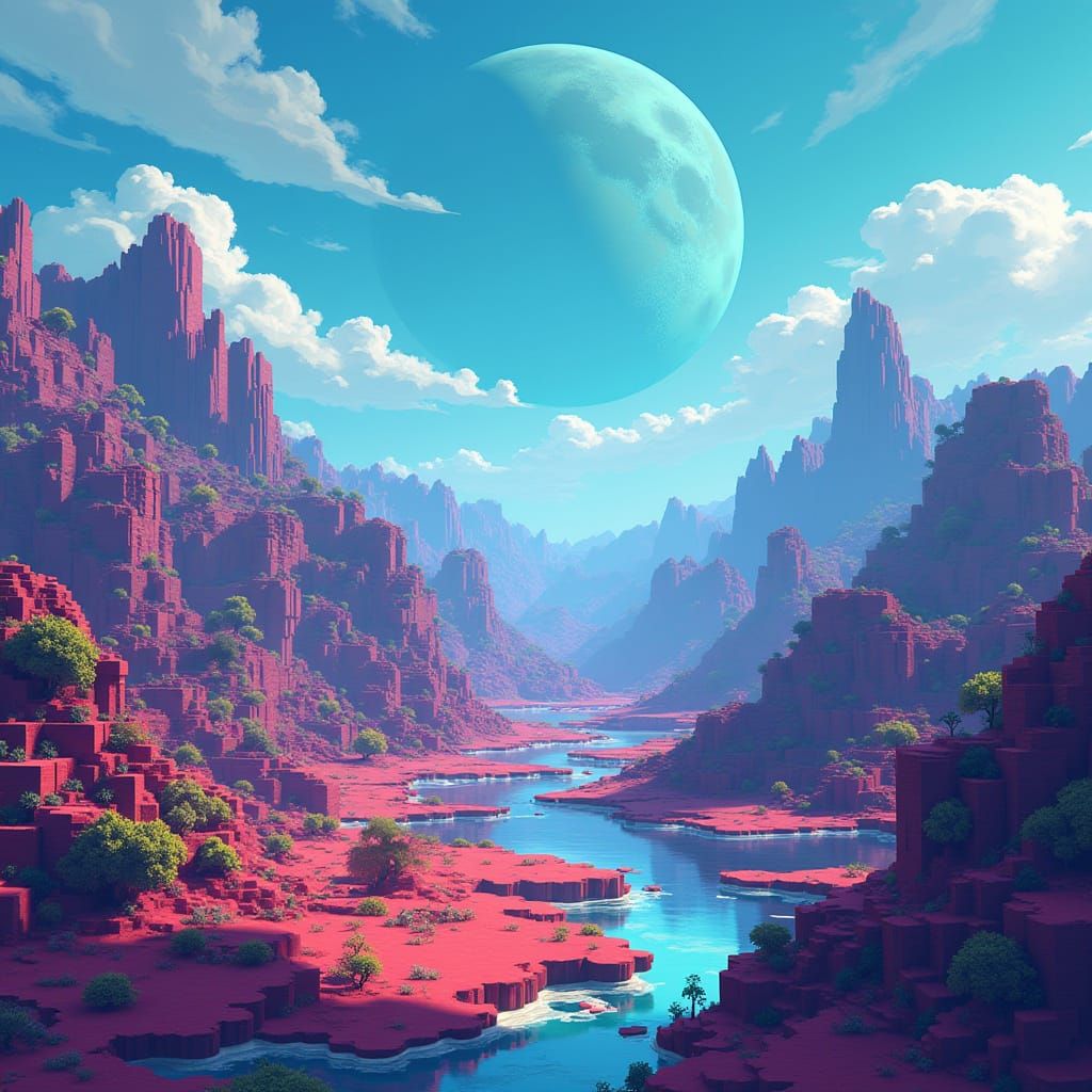 Blocky, Low-Resolution Minecraft Landscape with Modded Eleme...