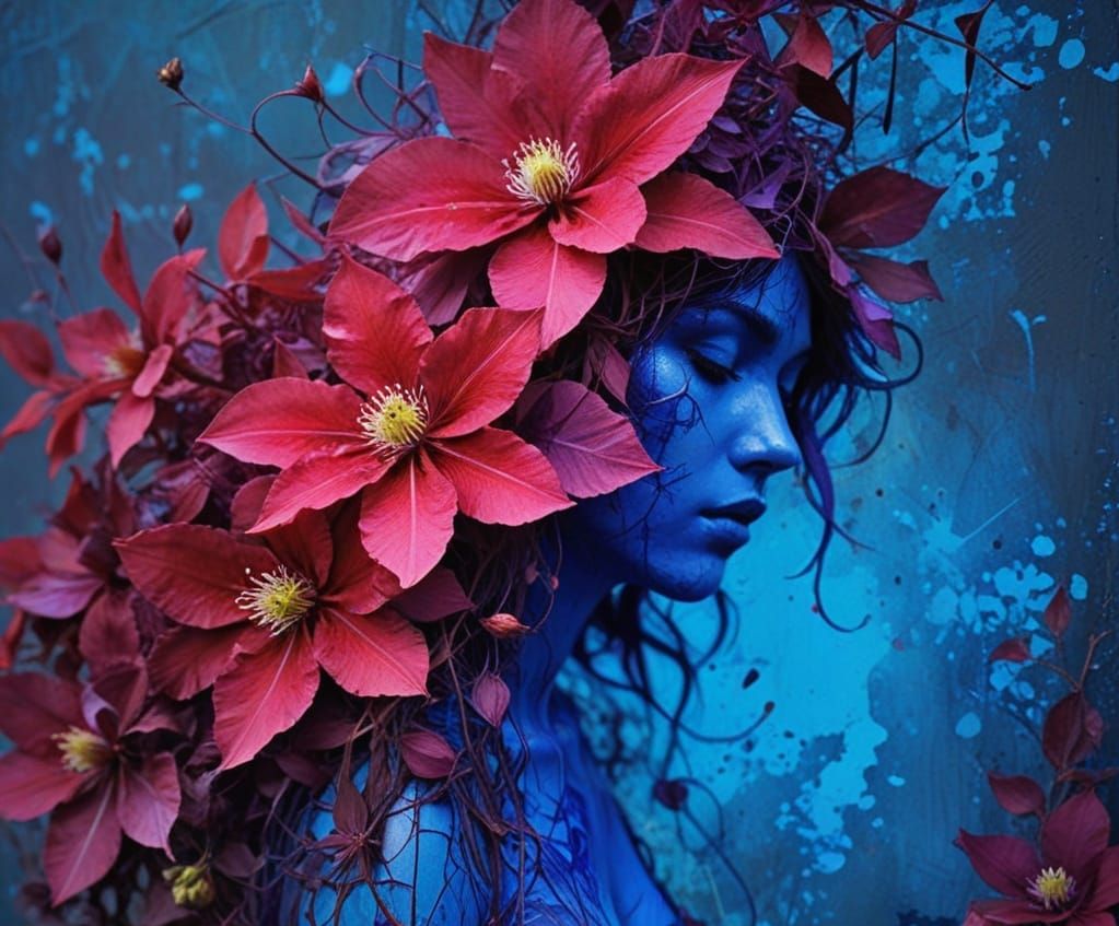 Deep Purple Clematis Blooms in a Vibrant Grunge Palette