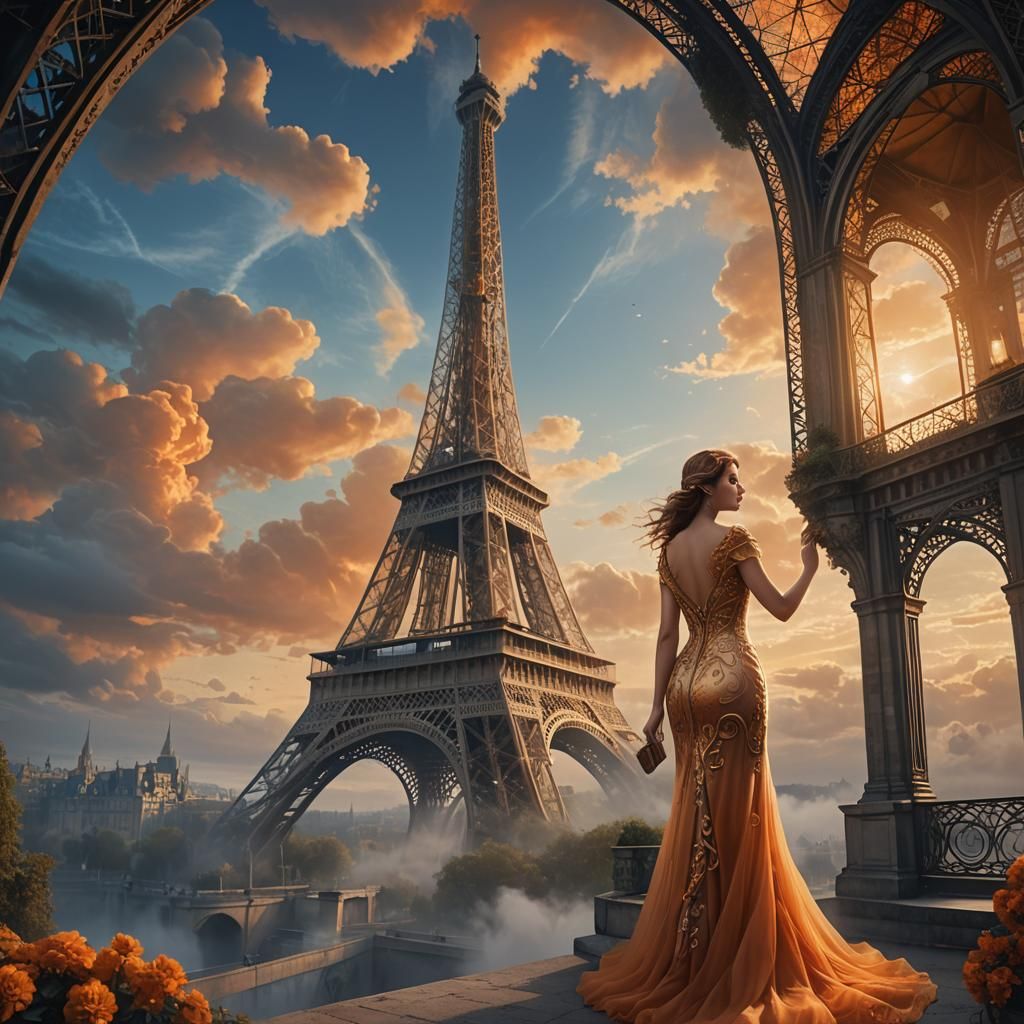 Eiffel Tower with Elegant Lady: Digital Matte Painting