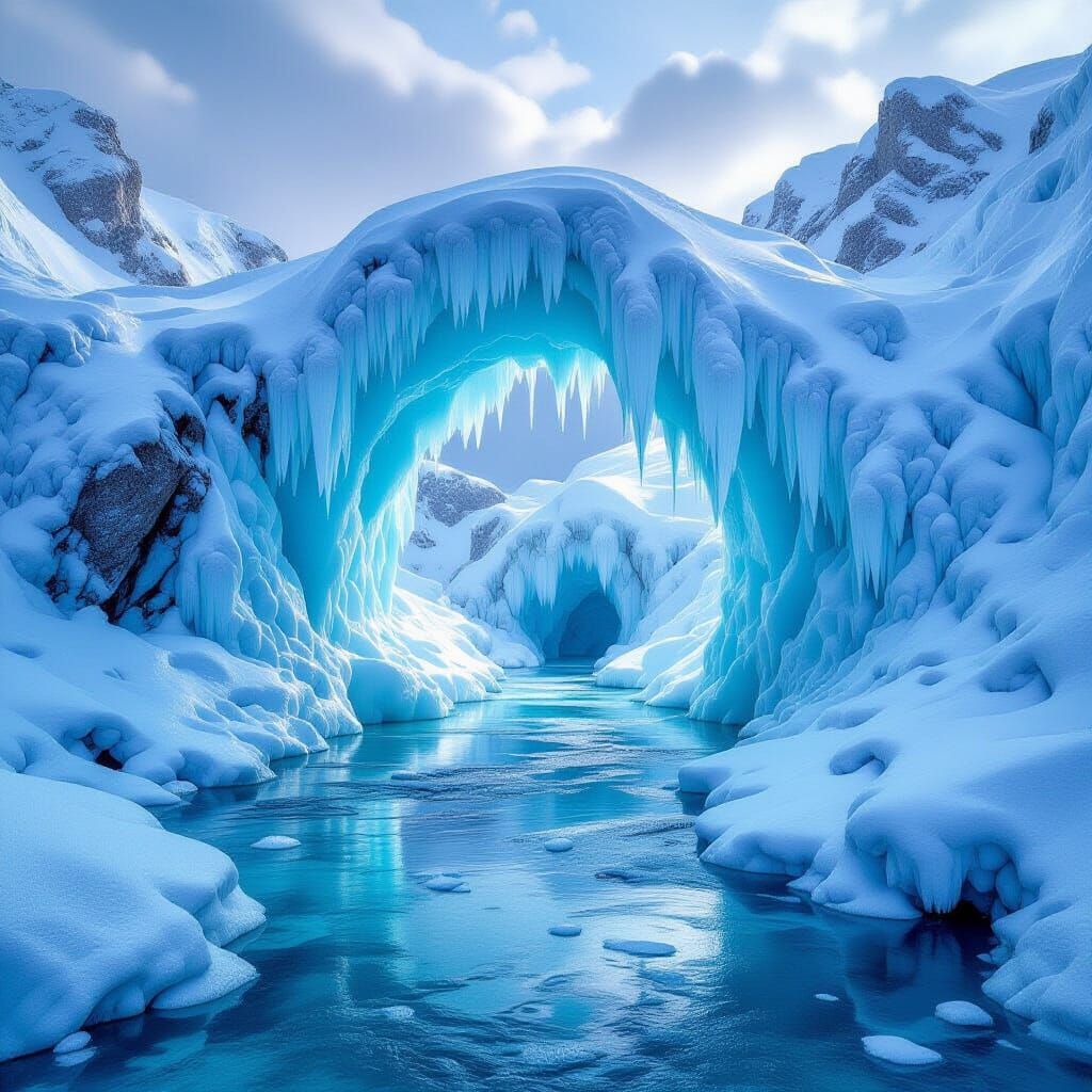 Snowy Landscape with Natural Arch and Ice River