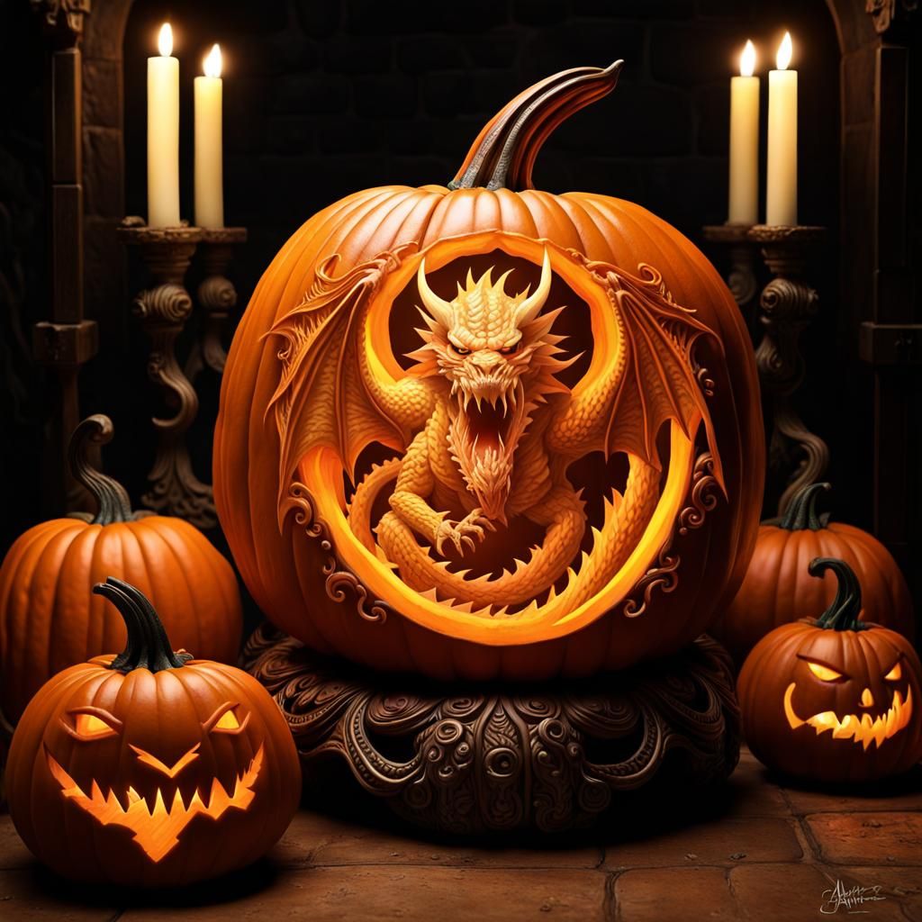Intricate Dragon Carving on Lit Pumpkin