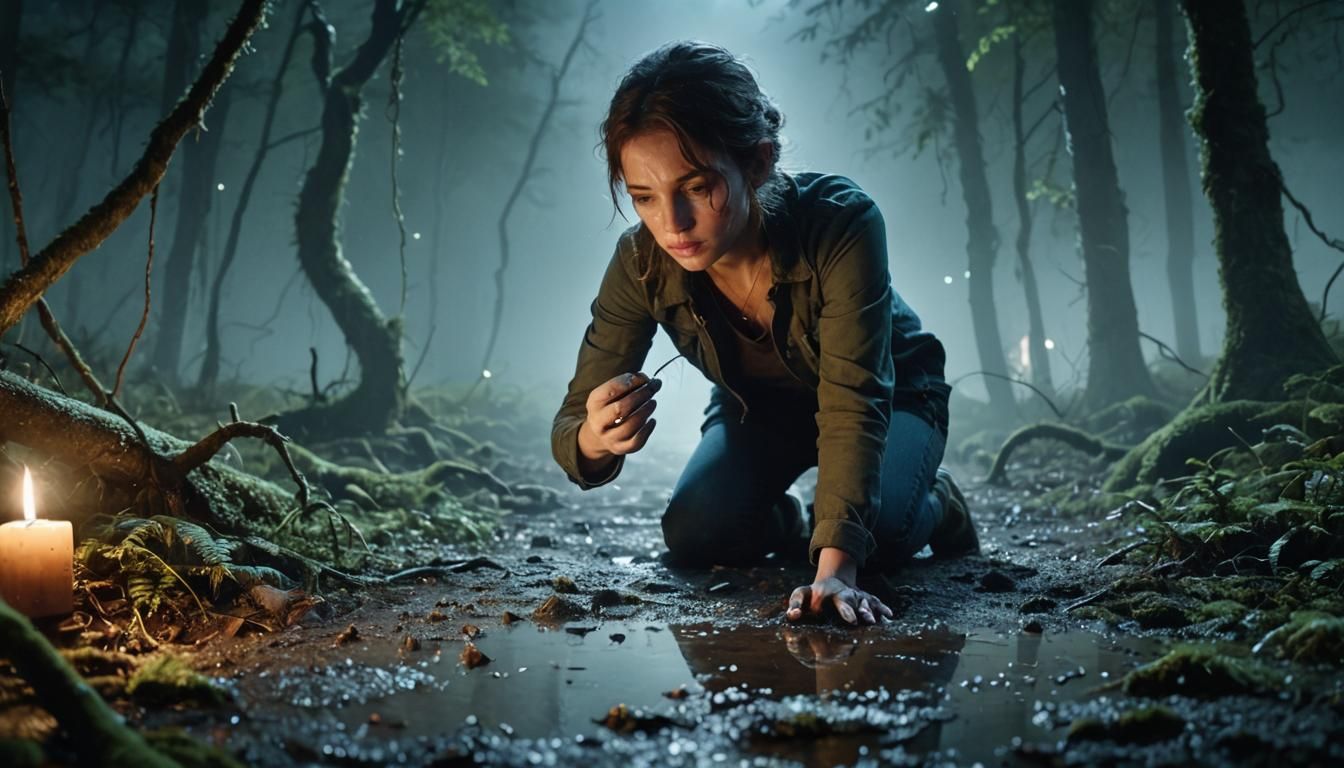 Woman Finds Earring in Foggy Forest at Night