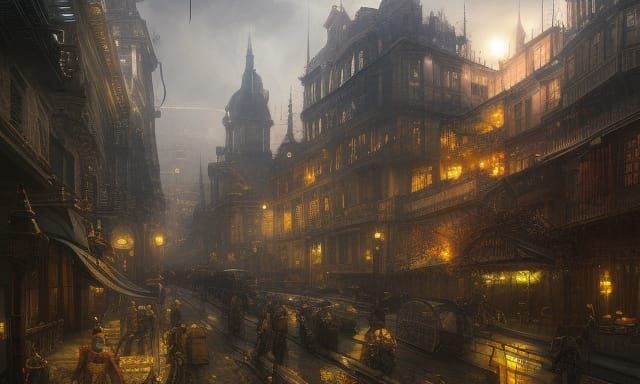 Steampunk Landscape with Victorian Architecture and Balloons