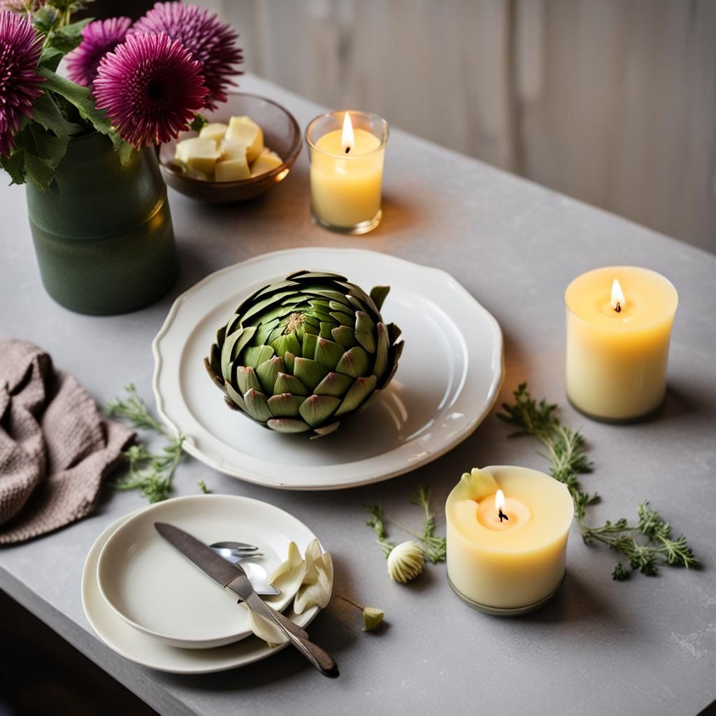 Artichoke with Butter and Candles Still Life