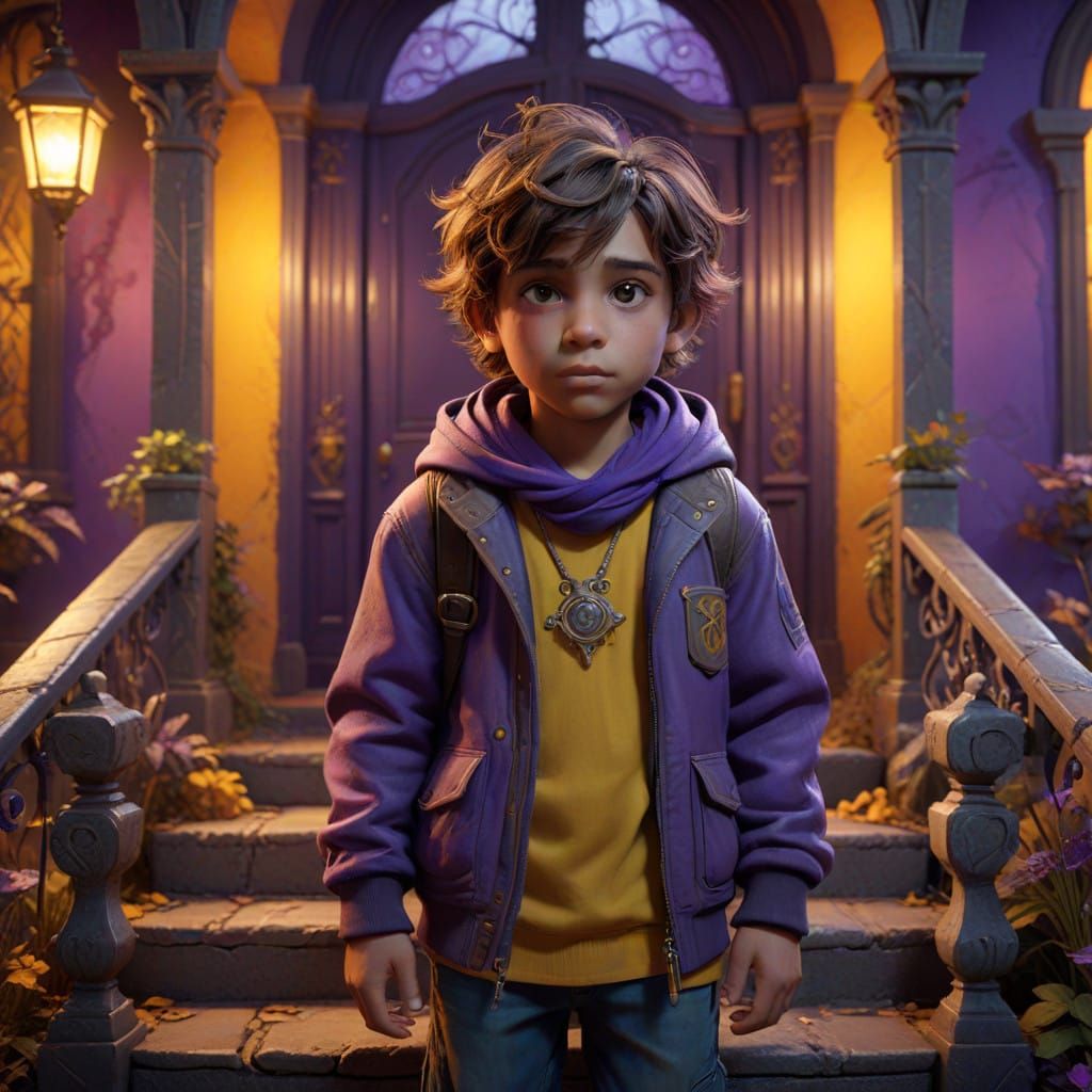 Adorable Winter Boy Standing Before a Haunted Mansion in Dar...
