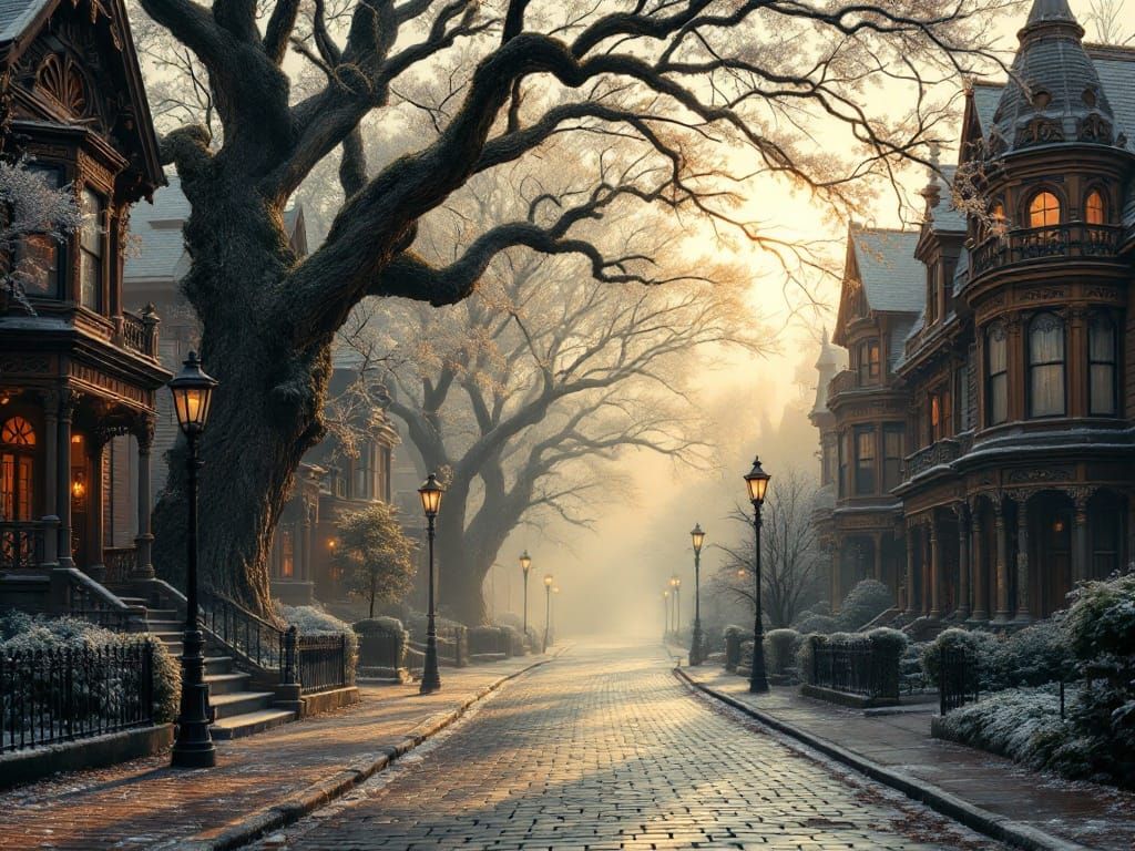 Foggy Victorian Street Scene in Mystical Style