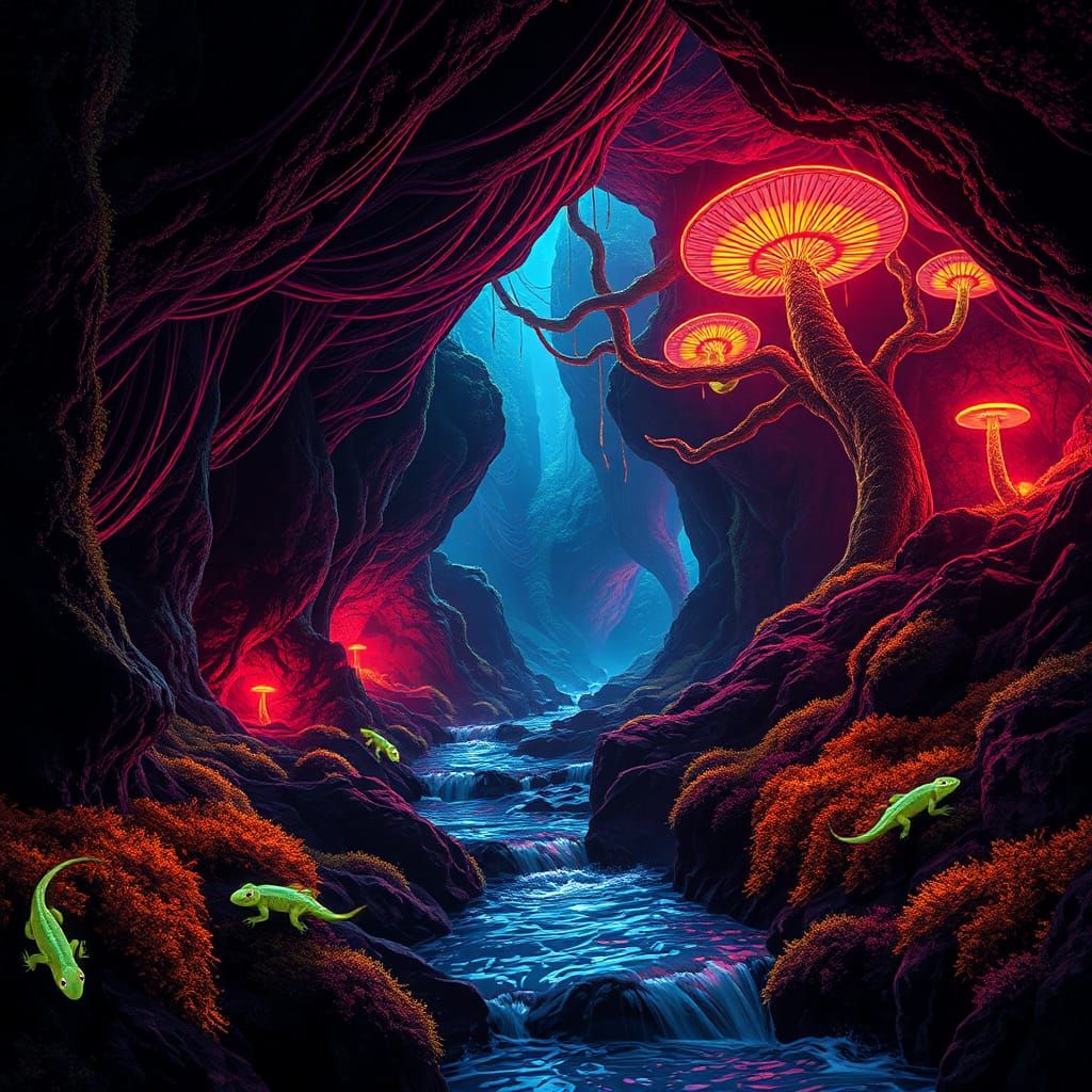 Glowing Bioluminescent Cavern in Digital Art Style