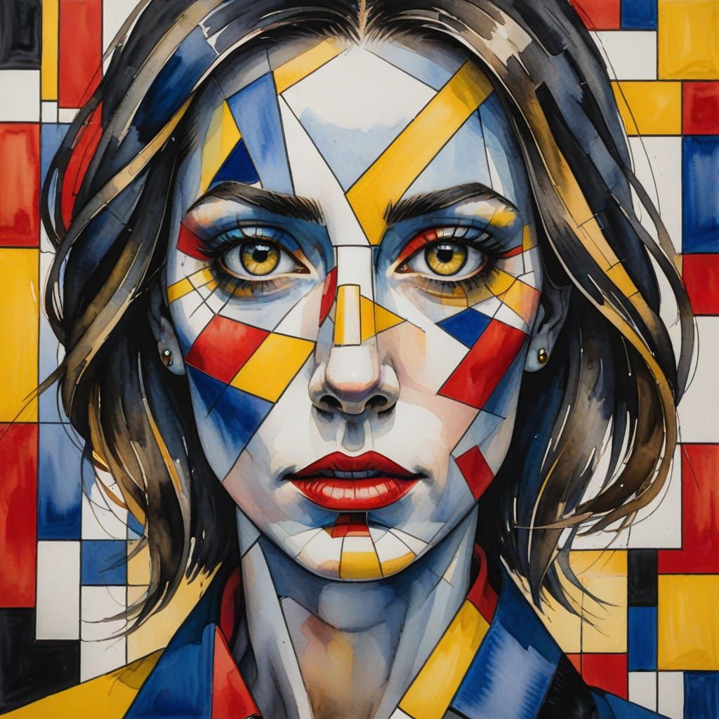 Woman with Geometric Eyes in Watercolor Style