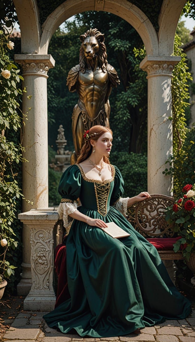 Renaissance Princess in Sunlit Garden Courtyard