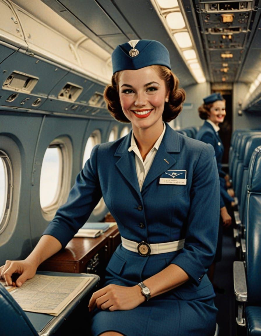 Vintage Airline Stewardess in a Classic 1960s Boeing 707 Cab...