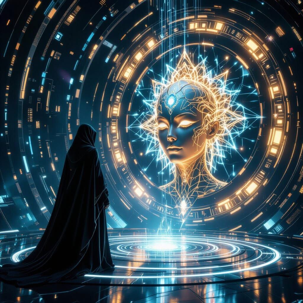 Radiant Figure Emerges in Futuristic Cosmic Art