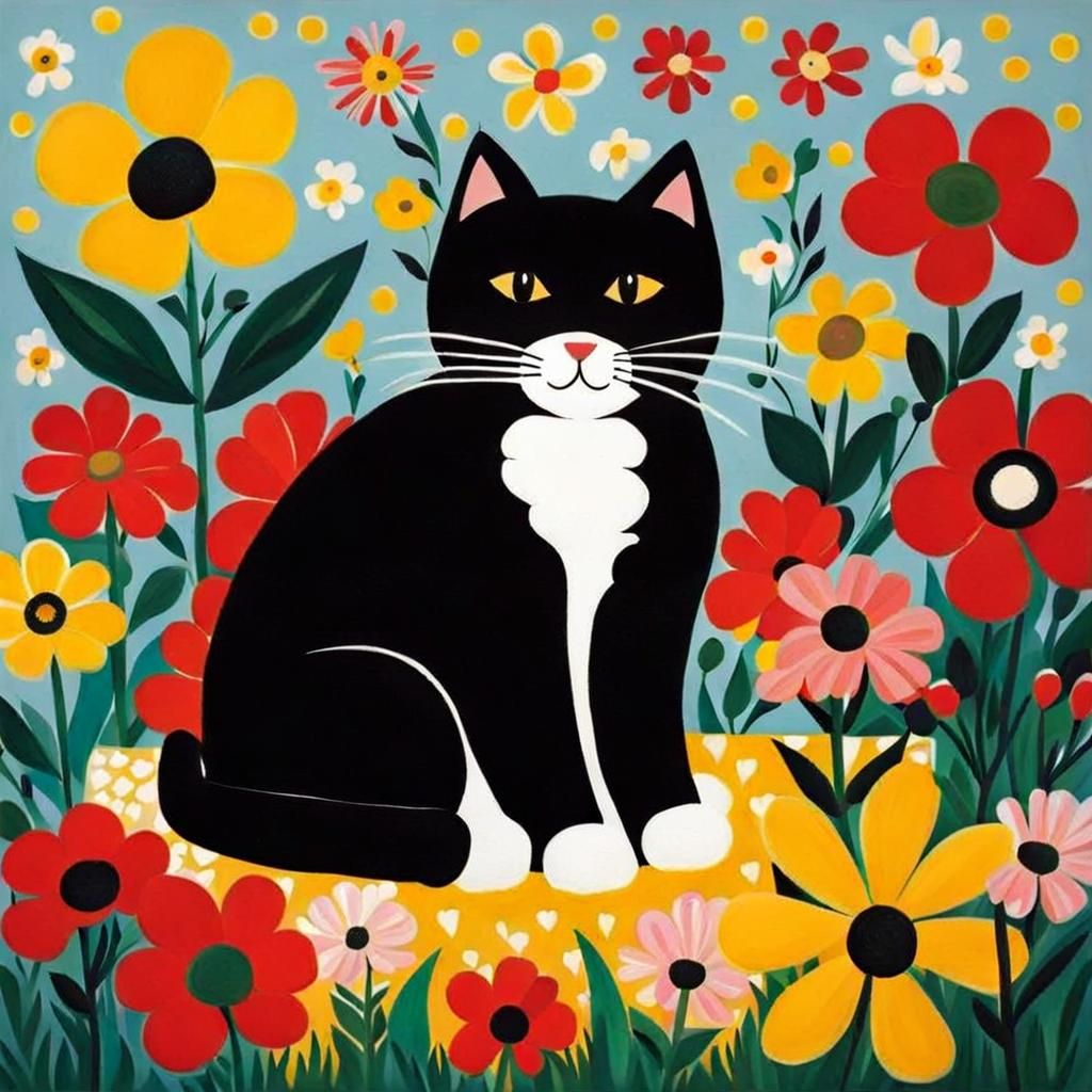 Folk Art Cat Surrounded by Flowers and Hearts