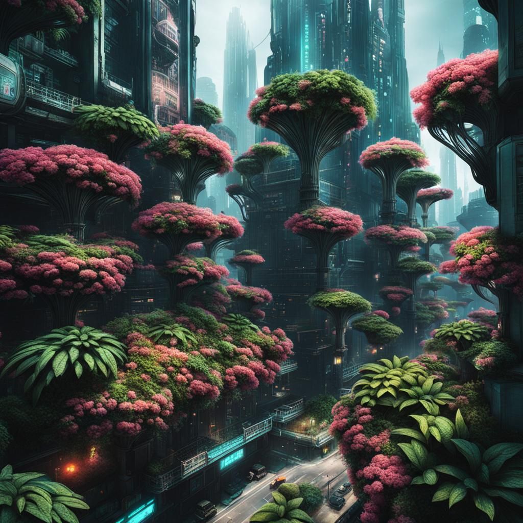 Cyberpunk City Transformed by Alien Flora