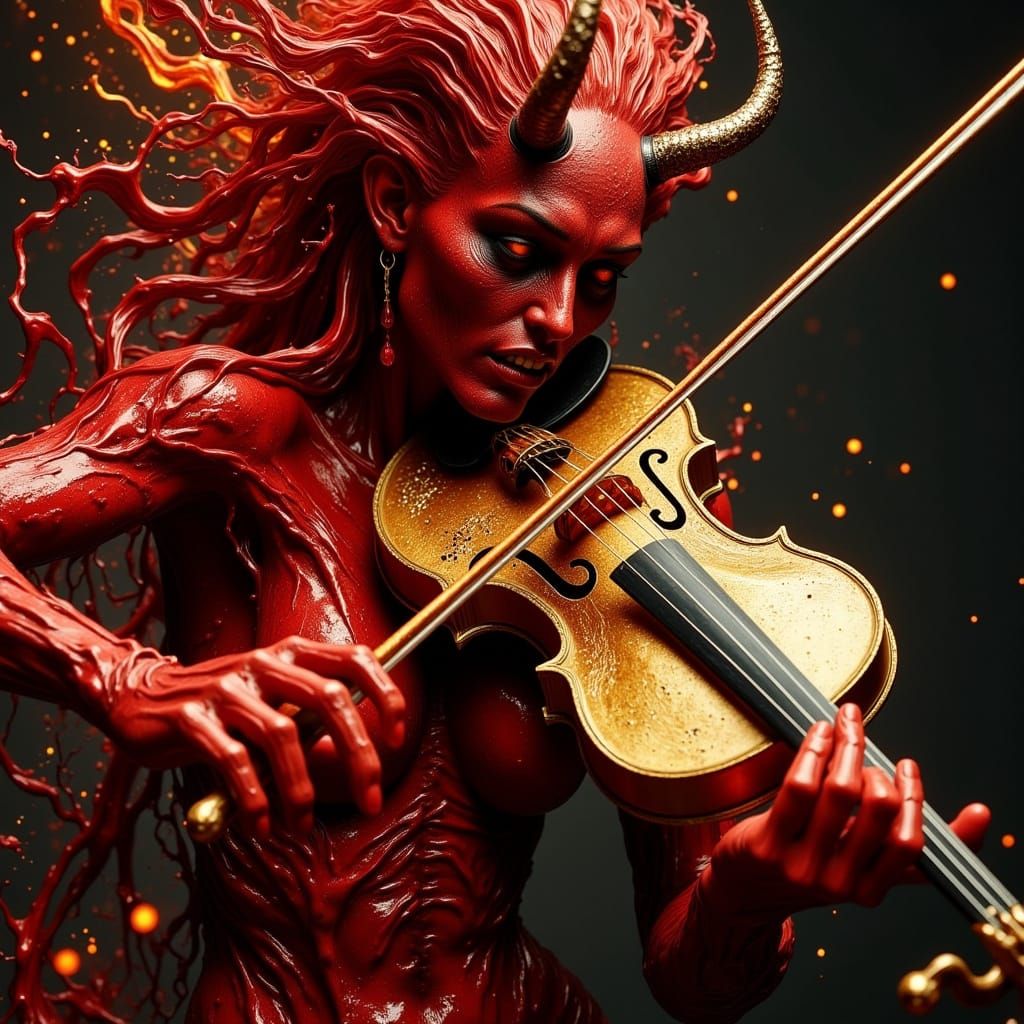 Monstrous Female Devil Plays Golden Fiddle in Dark Fantasy S...