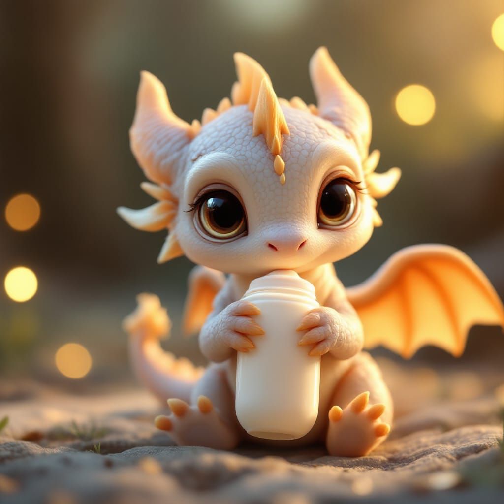 Adorable Kawaii Baby Dragon Drinks Milk in 3D Anime Art
