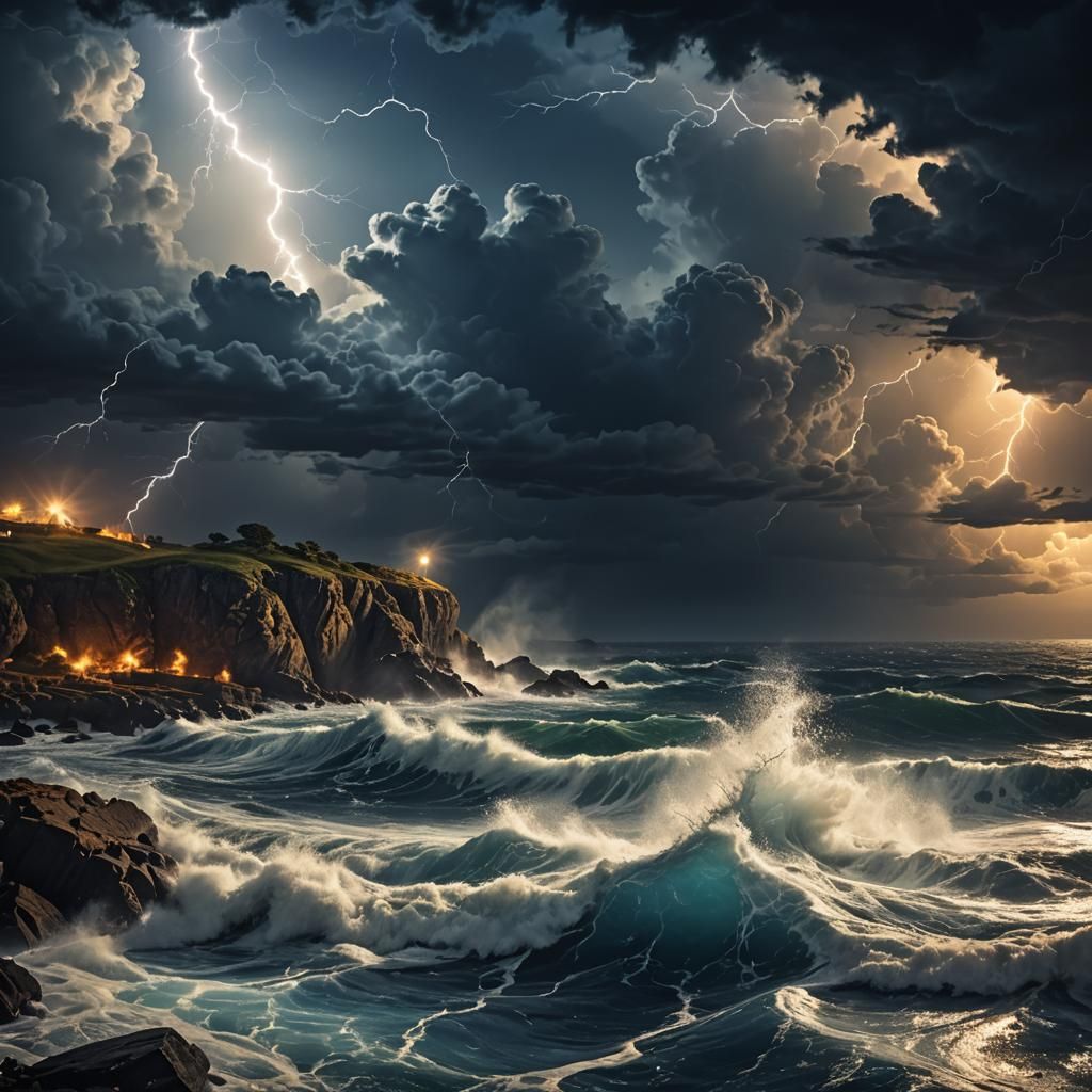 Stormy Nocturnal Seascape with Bioluminescent Waves