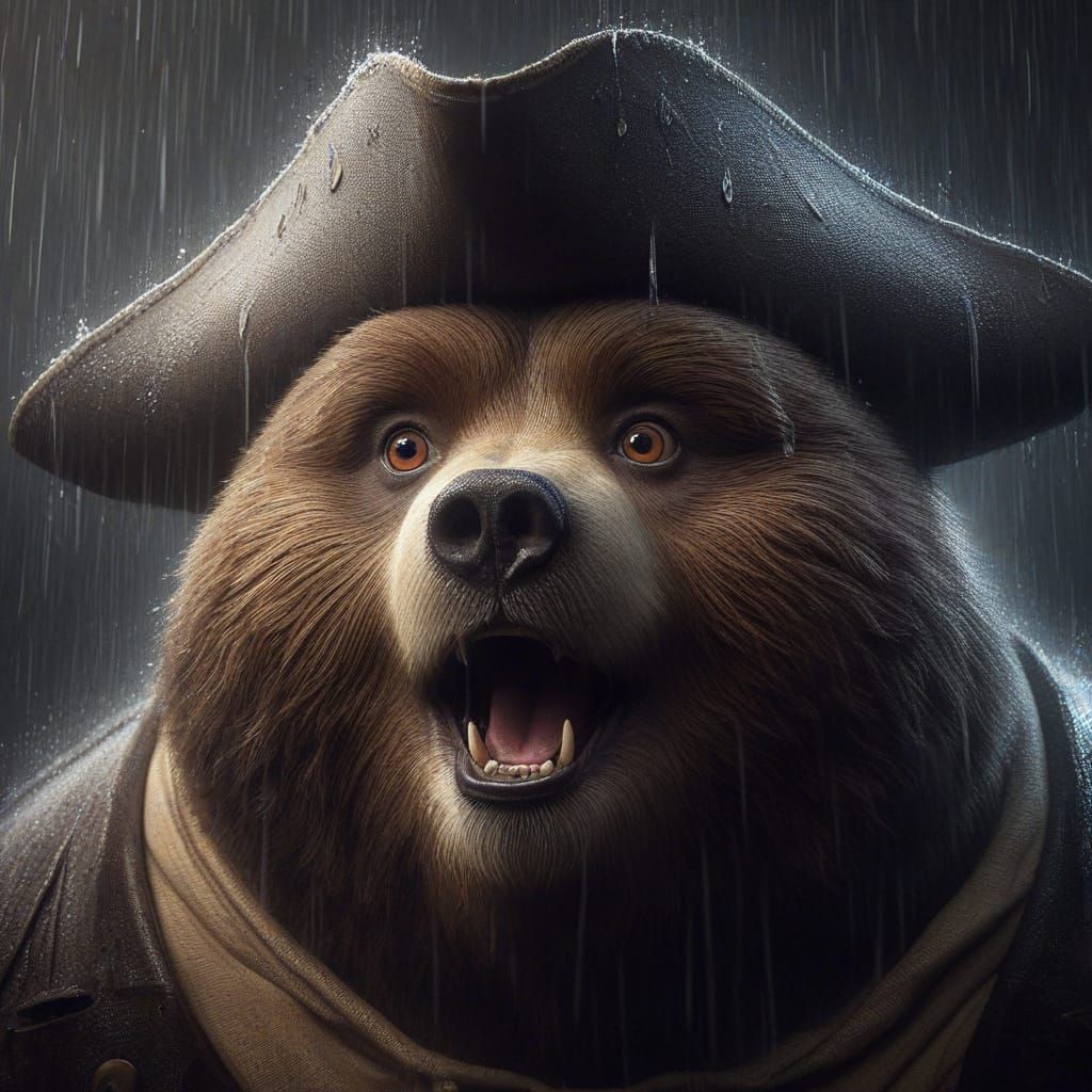 Obese Kodiak Bear Pirate in Stormy Cinematic Film Still