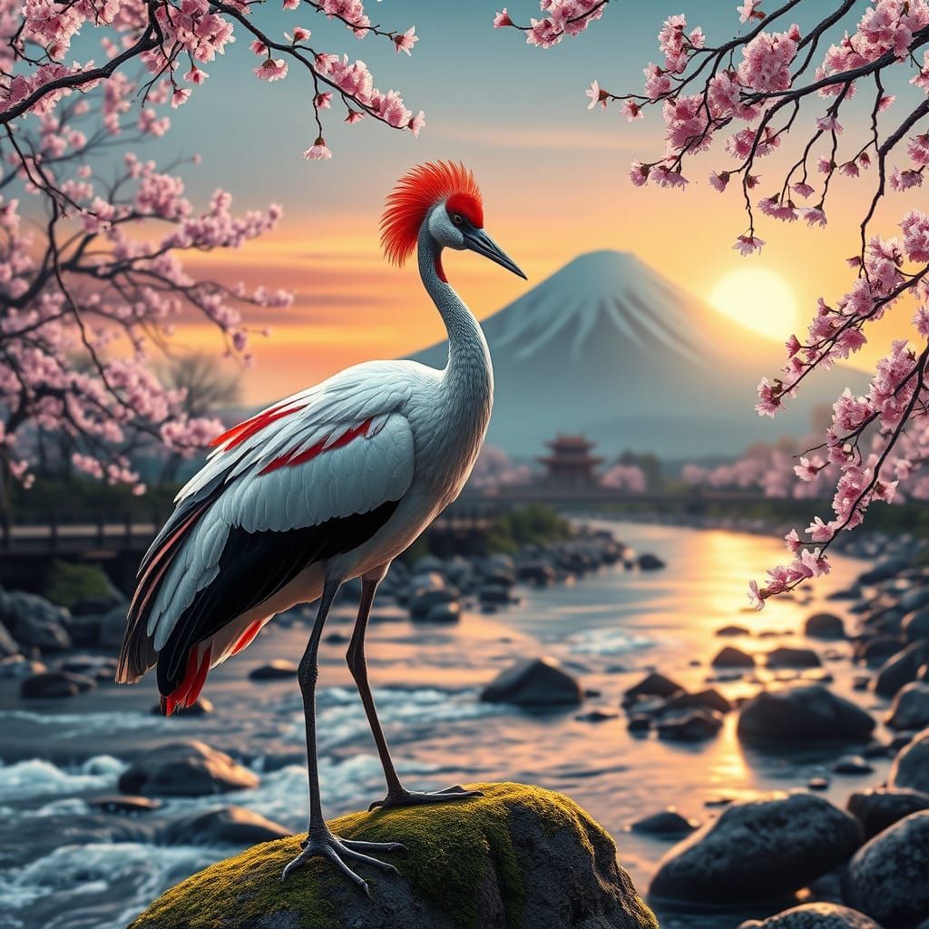 Red-Crowned Cranes and Mount Fuji: Ukiyo-e Style