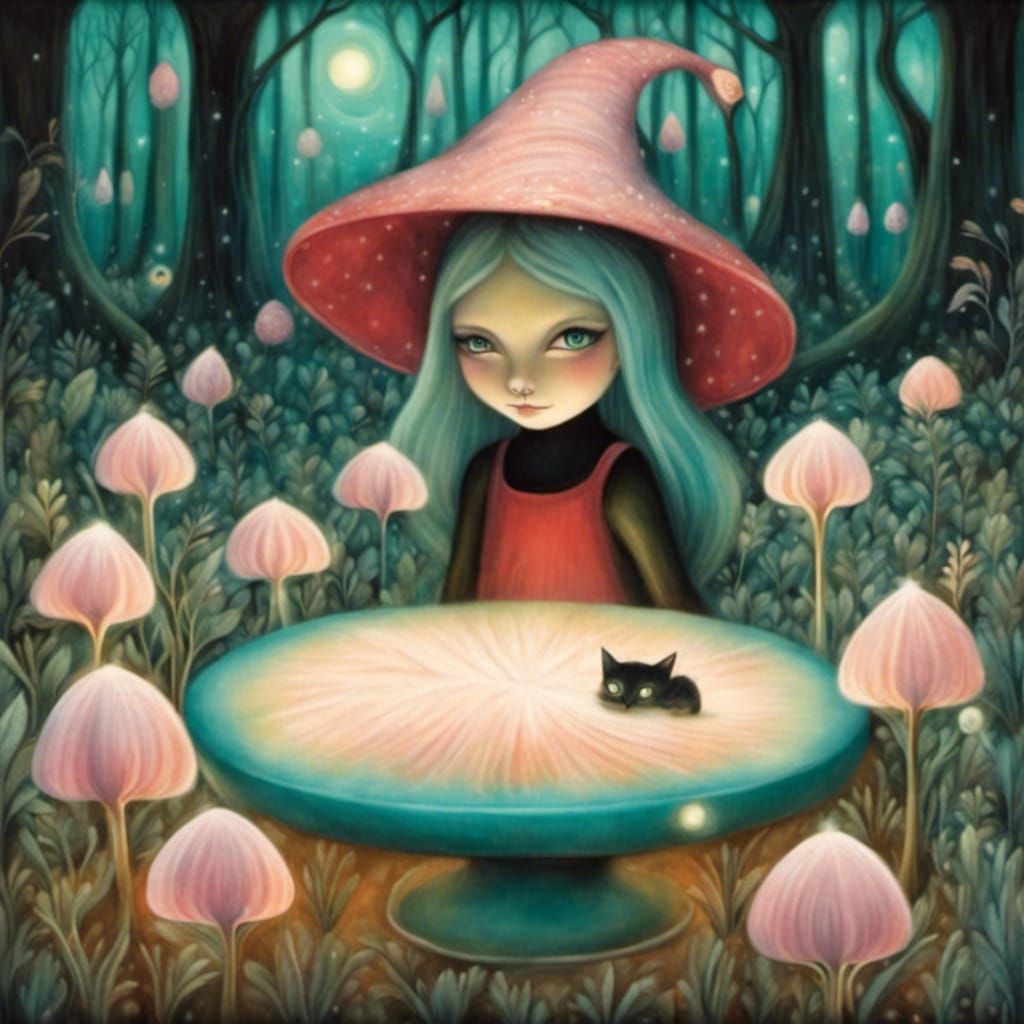 Magical Forest with Black Cat in Surreal Style