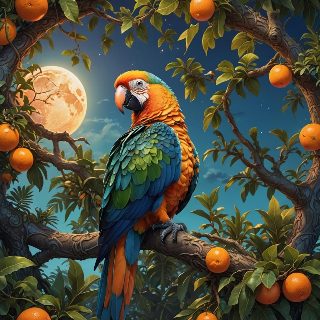 Vibrant Parrot with Orange Slice: Fantasy Concept Art