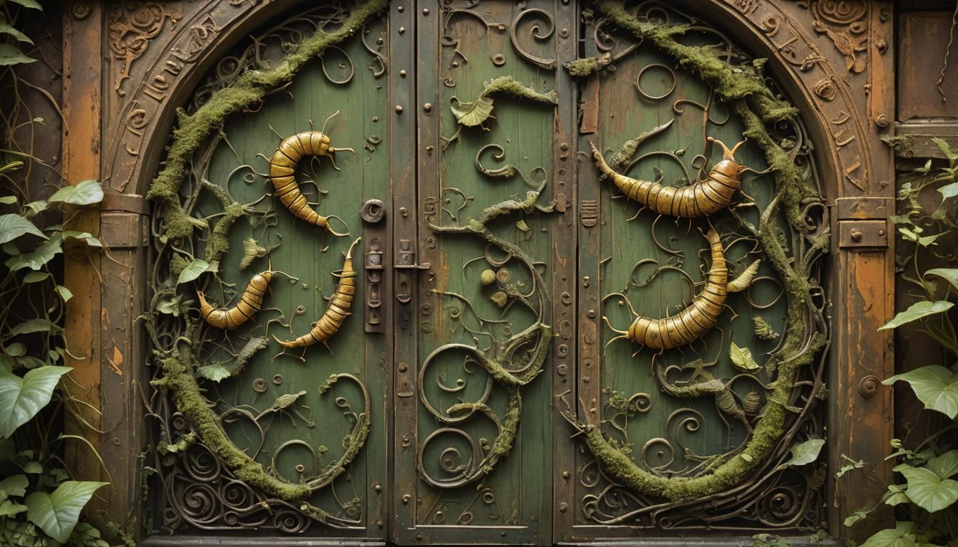 Caterpillars Guarding Ancient Door in Fantasy Realism