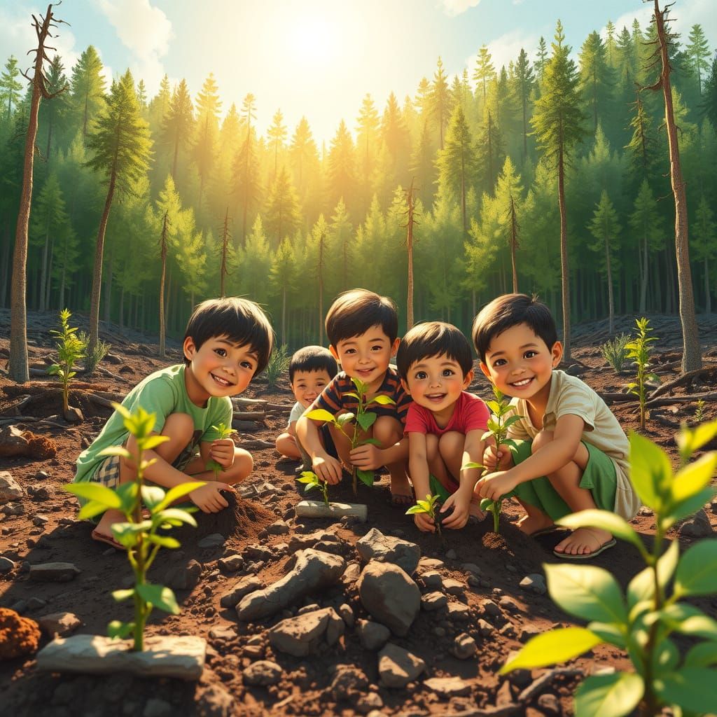 Children Planting Trees: A Heartwarming Illustration