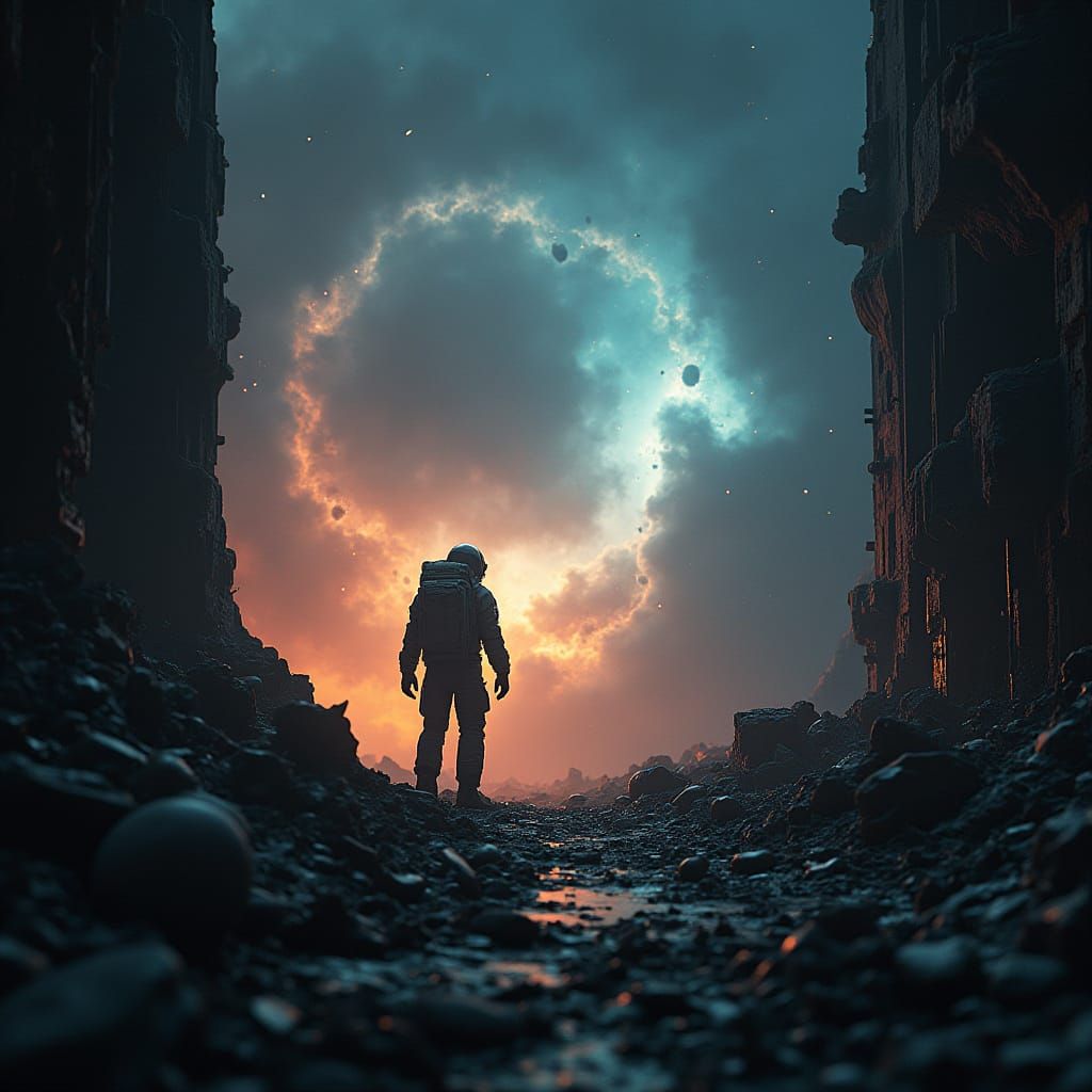 Astronaut Drifts Through Starship Wreckage in Nebula