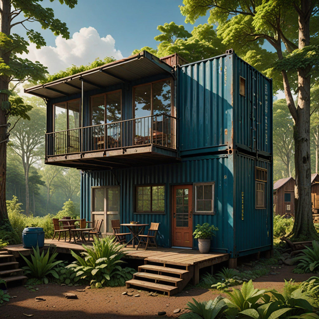 Shipping Container Tower with Cozy Log Porches in a Prepper...