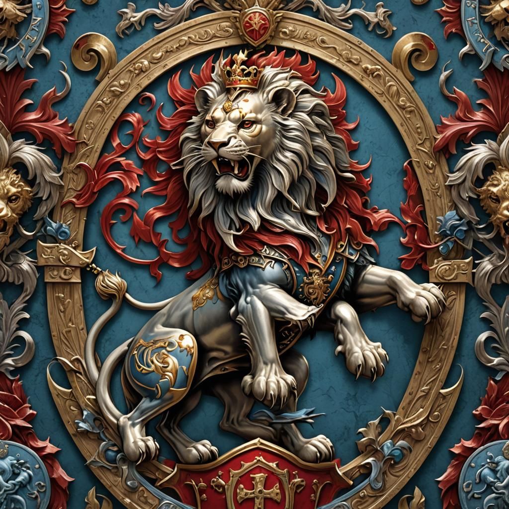 Heraldic Lion Rampant on Azure and Gules Shield