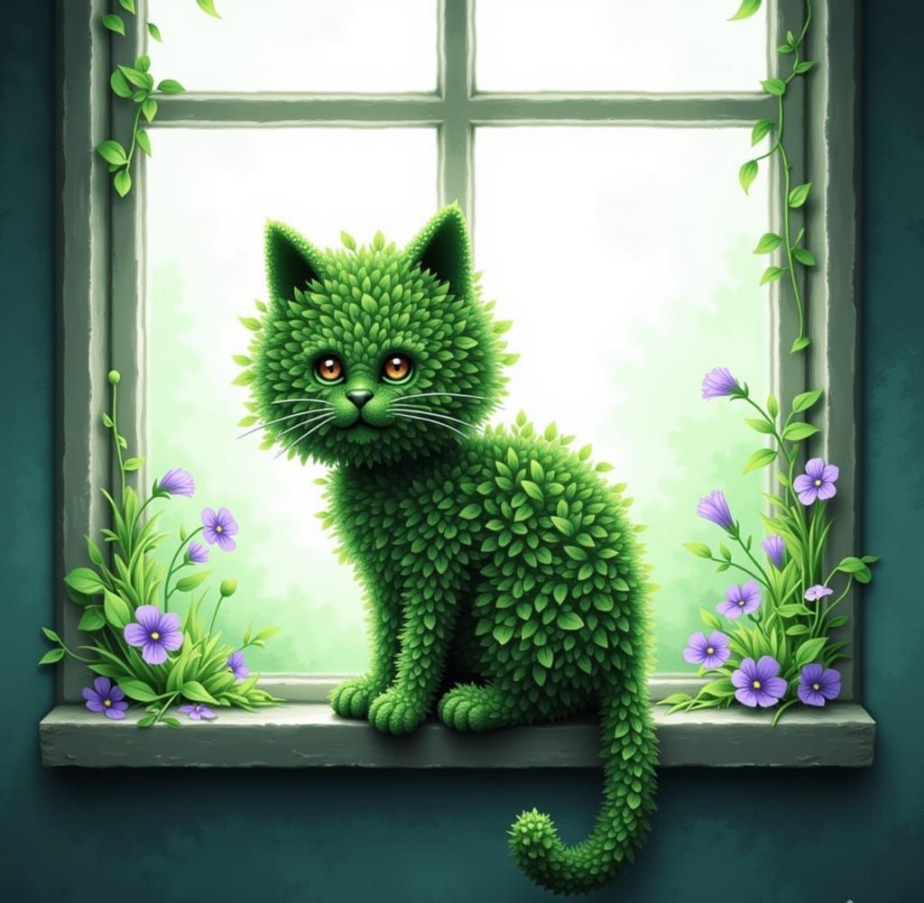 Catnip Cat Botanical Art on Windowsill