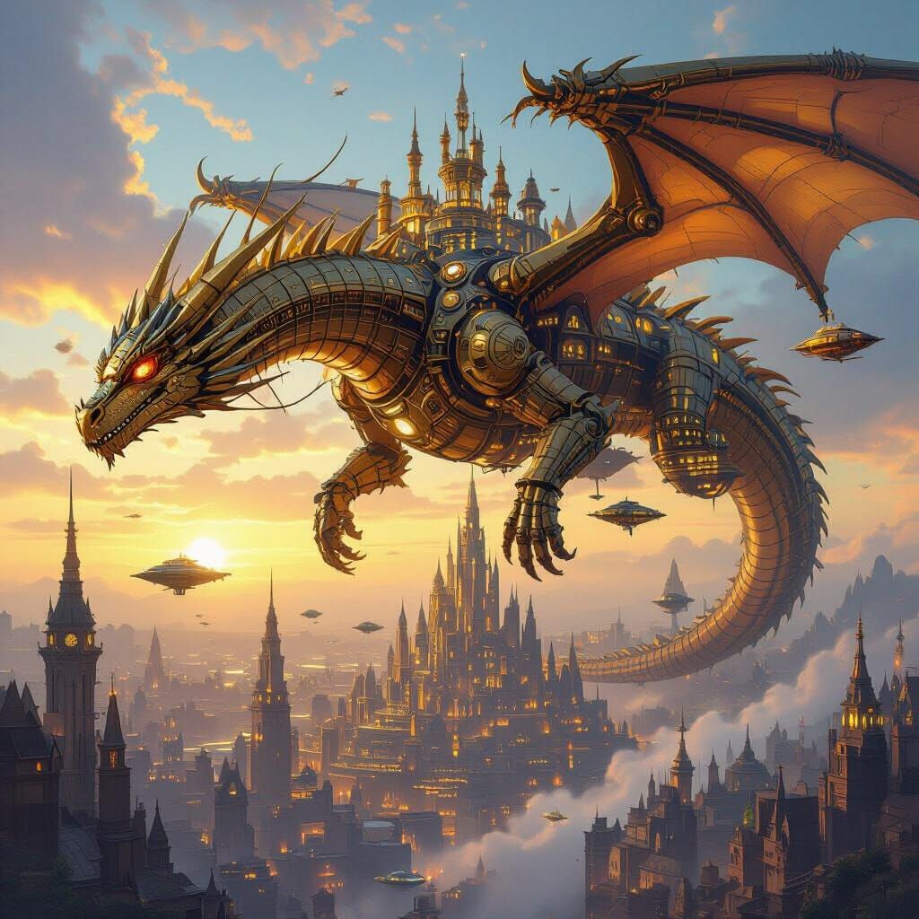 Mechanical Dragon Village Over Futuristic City