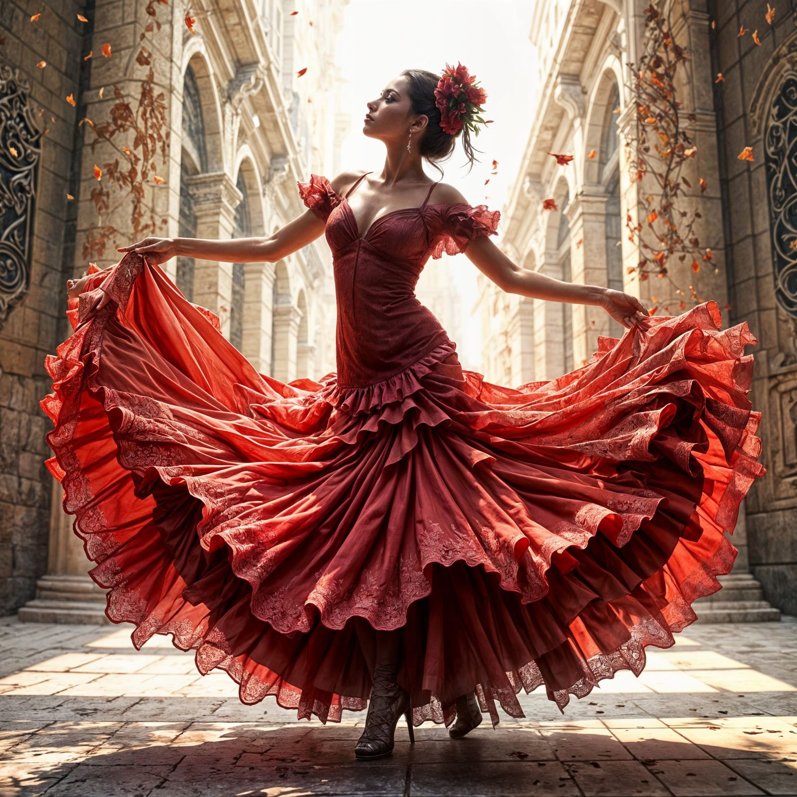 Ethereal Flamenco Dancer in Whirling Red Skirts