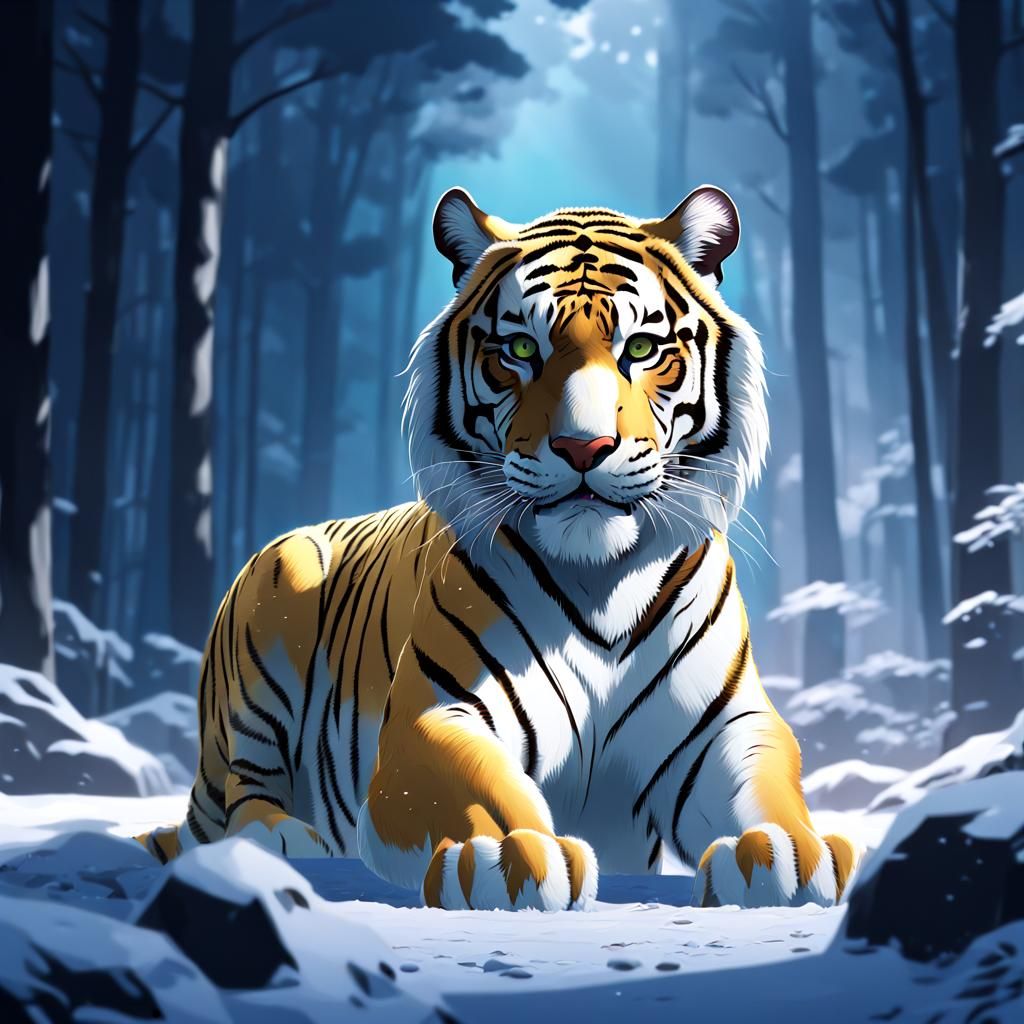 Terrifying White Tiger in Anime Key Visual Style