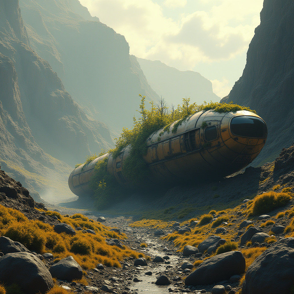Crashed Spaceship in Desolate Valley: Digital Illustration