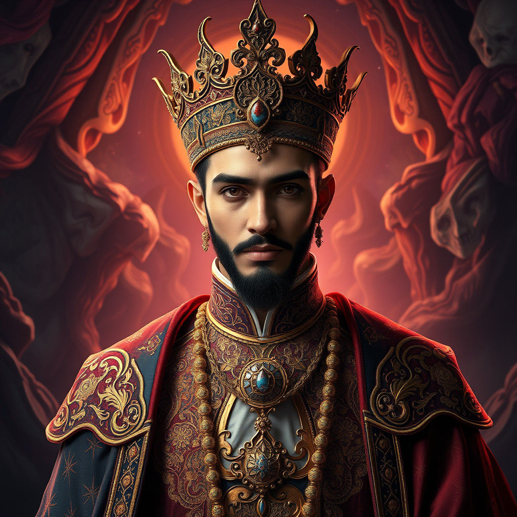 Regal Figure in Ornate Attire, Fantasy Concept Art