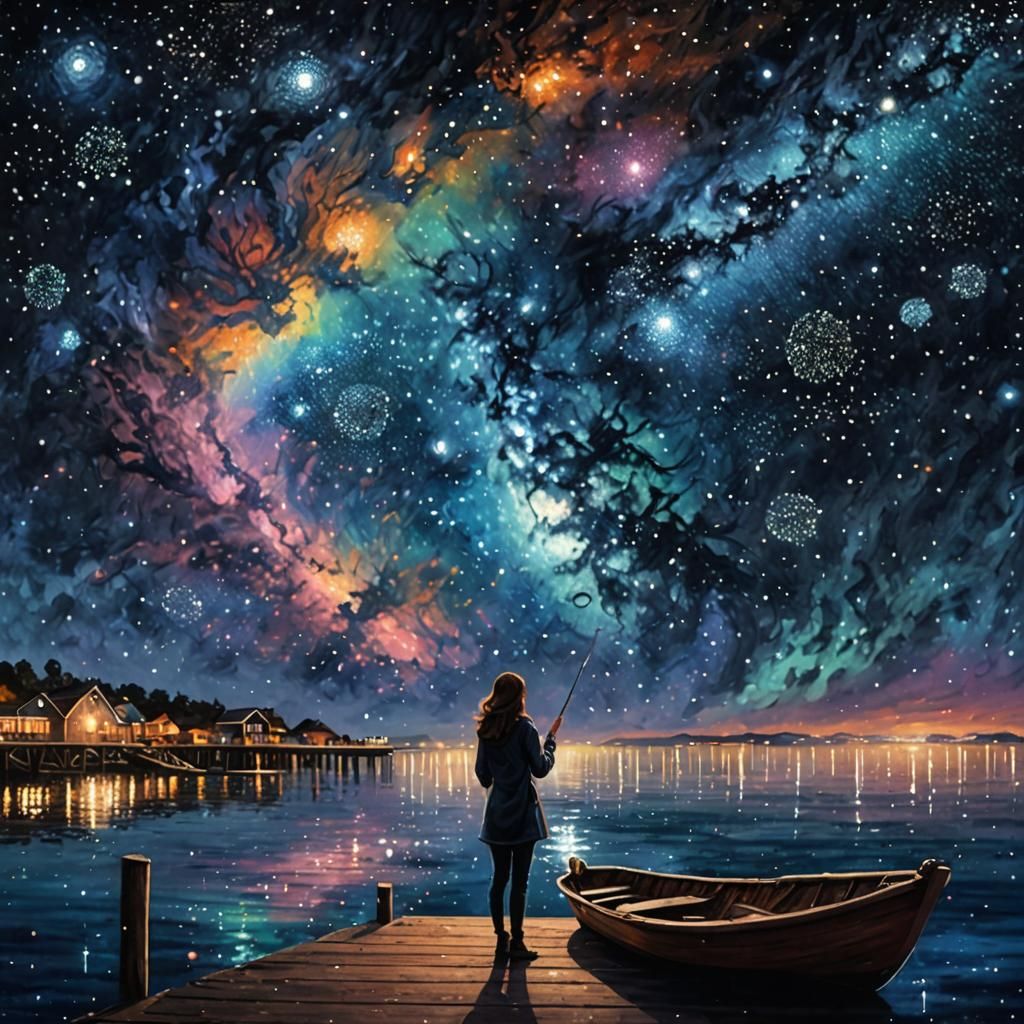 Girl Paints Galaxy Sky in Pointillism Style