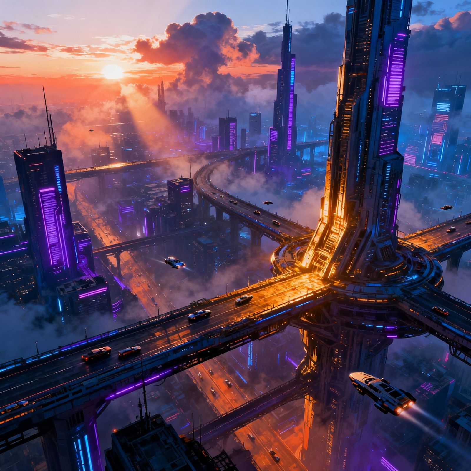 Cyberpunk Cityscape at Sunrise in Digital Matte Painting Sty...