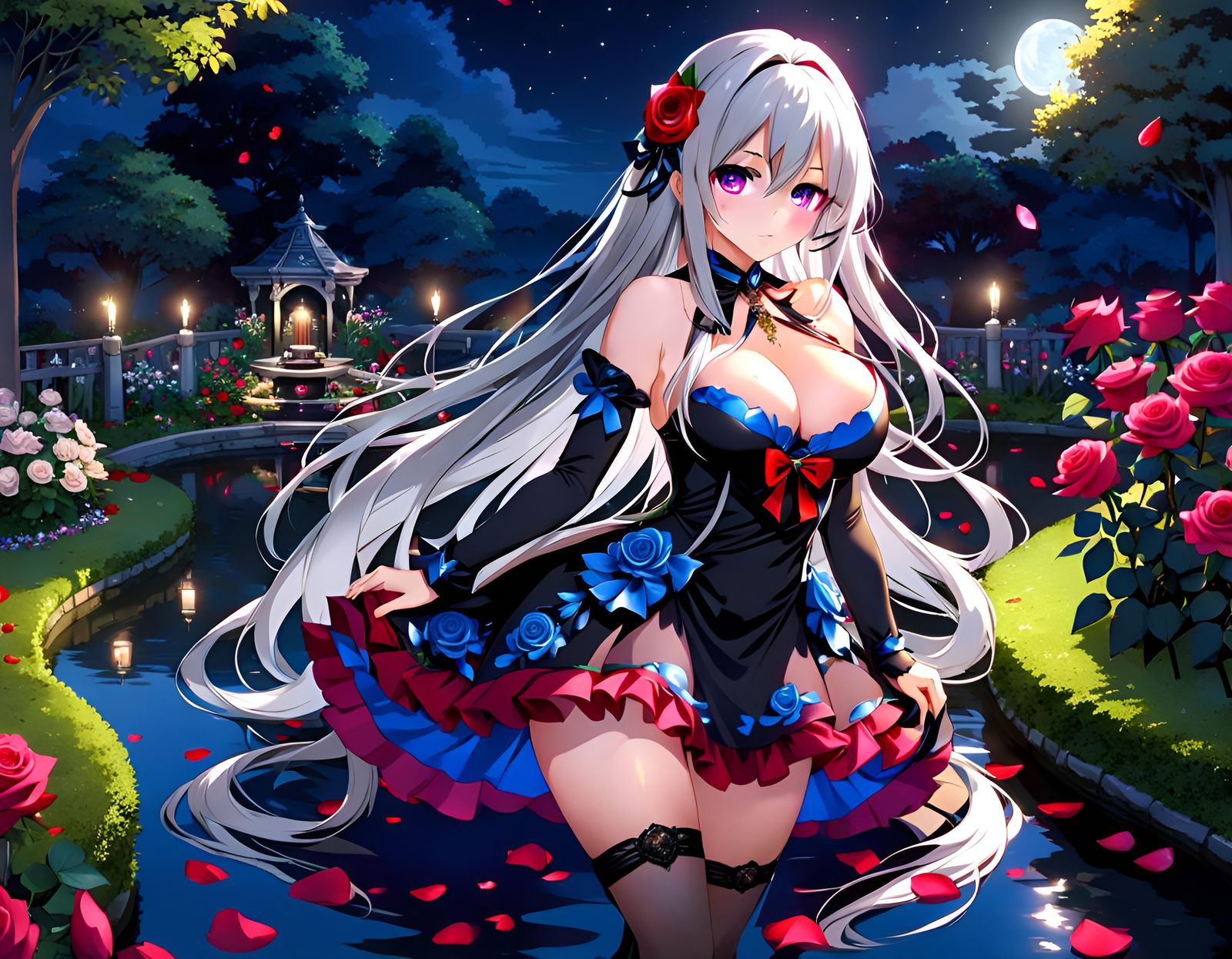 Anime Girl with Roses in Fantasy Garden