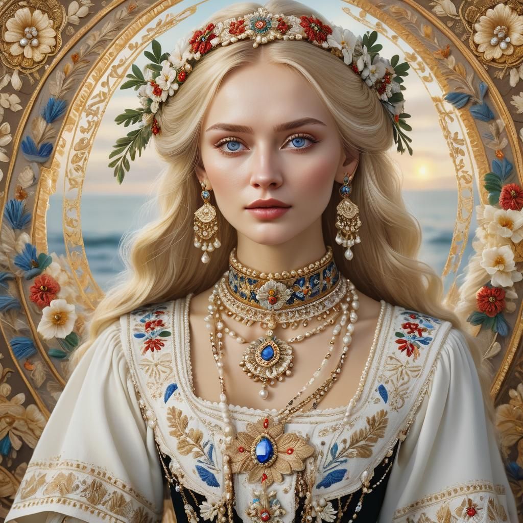Slavic Beauty in Traditional Dress, Klimt-Inspired Portrait