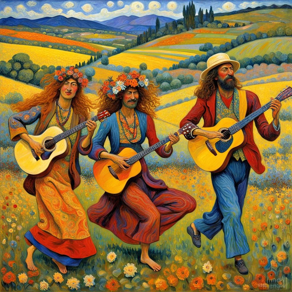 Hippies Dancing in Gauguin Style Oil Painting