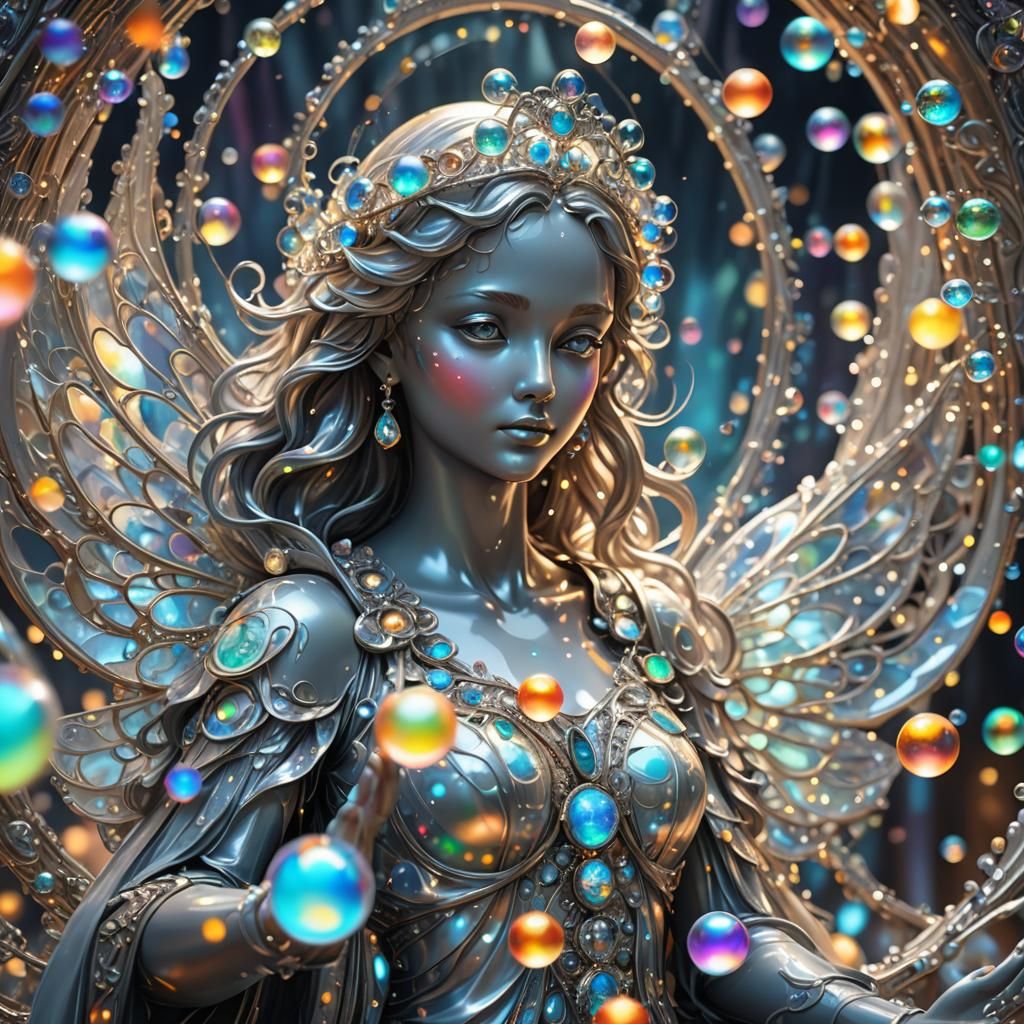 Opal Angel in Fractal Aura with Silver Fountain