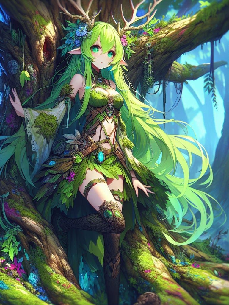 Anime Druid Girl in a Lush Forest Scene
