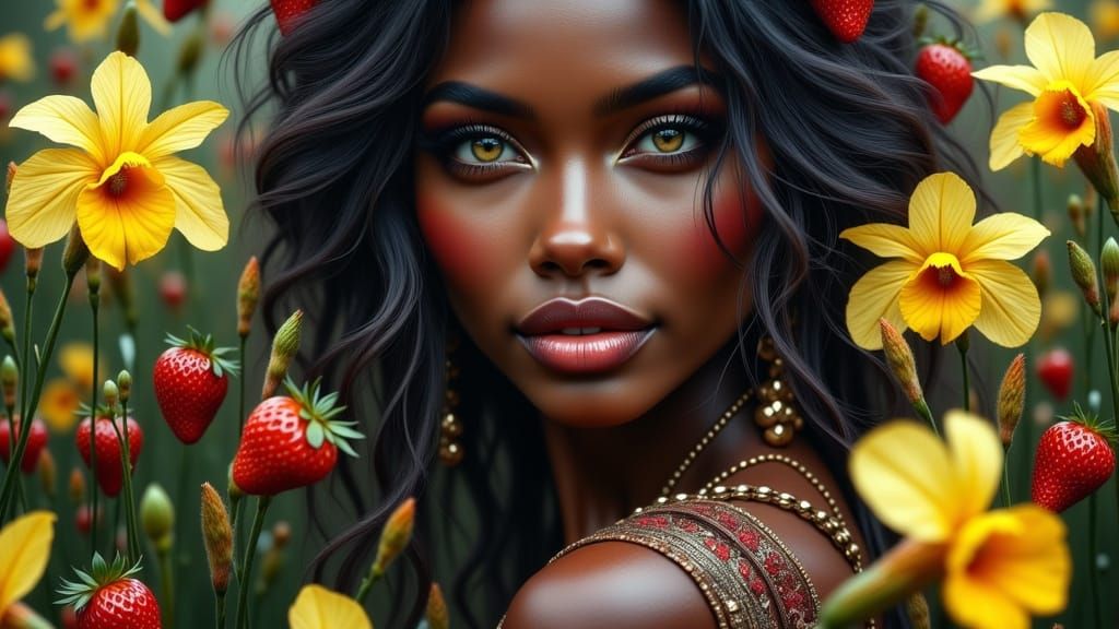 Surreal Sensual Portrait with Irises and Strawberries